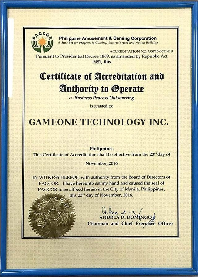 Gameone娛樂城PAGCOR合法營運牌照認證|香港安全線上賭場|牌照編號OSP16-0012-2-B